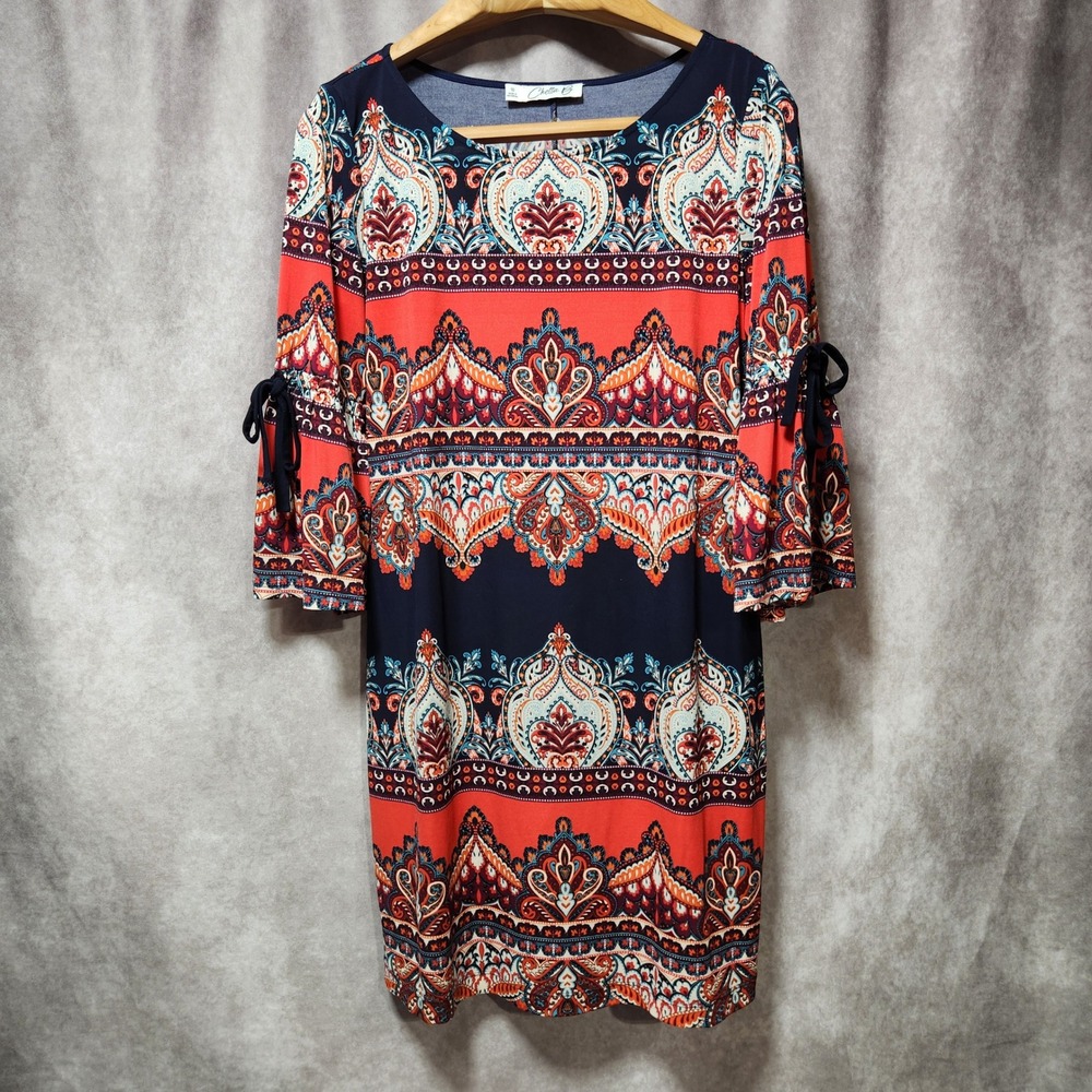 Chetta B Women 10 Navy Blue Coral Paisley Bell Sleeve Shift Dress Boho Career